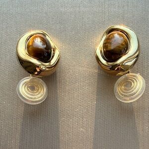Gold Tiger's Eye Stud Earrings - Cushioned clip on style